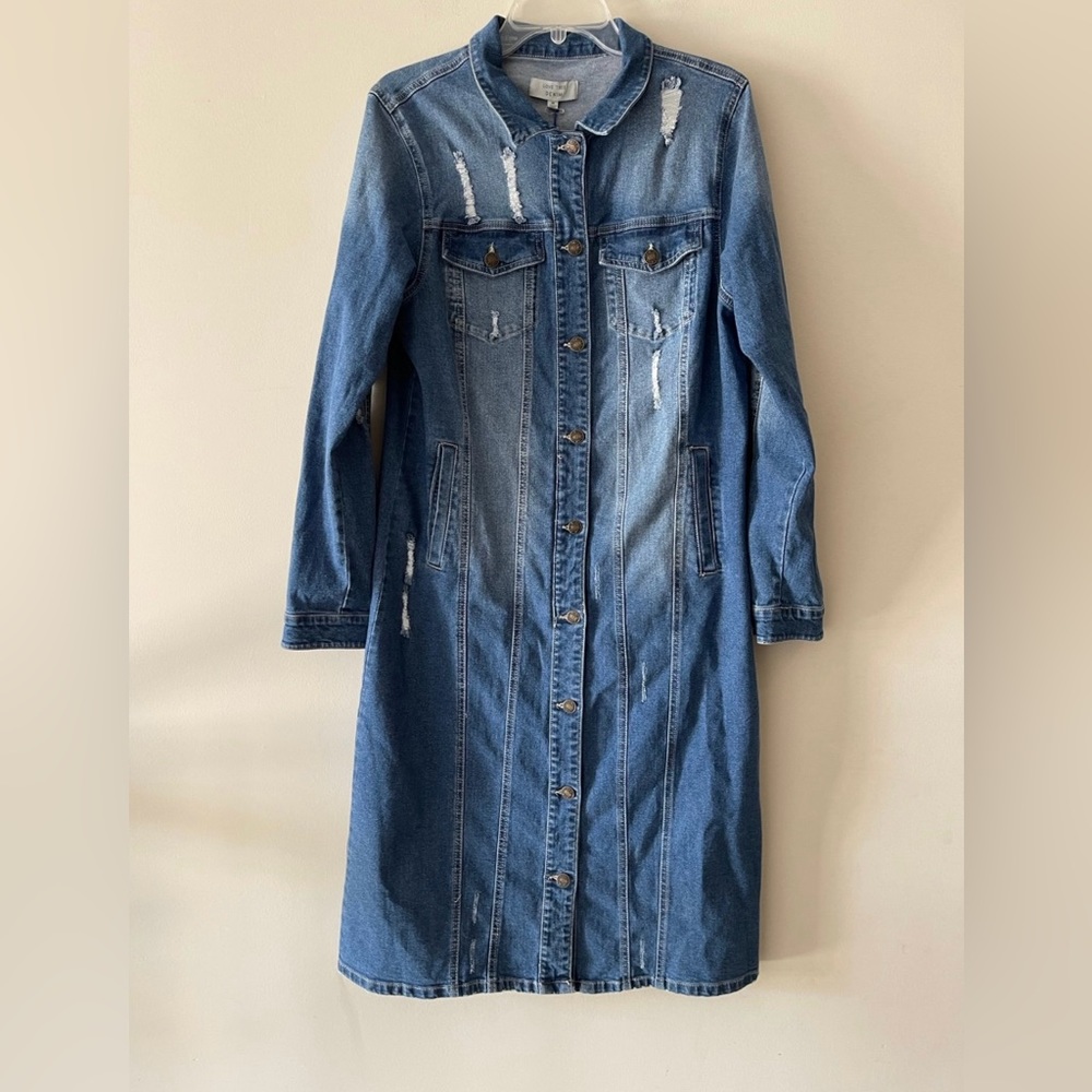 Love Tree Distressed Medium Wash Button-up Shirt Midi Denim Jacket Dress Size M